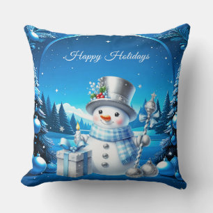 Coussin Bonhomme de neige joyeux dans une forêt enneigée