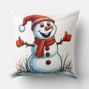 Coussin Bonhomme de neige joyeux habillé d'un chapeau d'hi