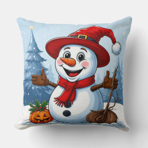 Coussin Bonhomme de neige joyeux portant un chapeau de Pèr