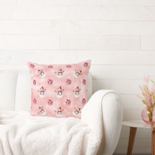 Coussin Bonhomme de neige rose décoration d'hiver