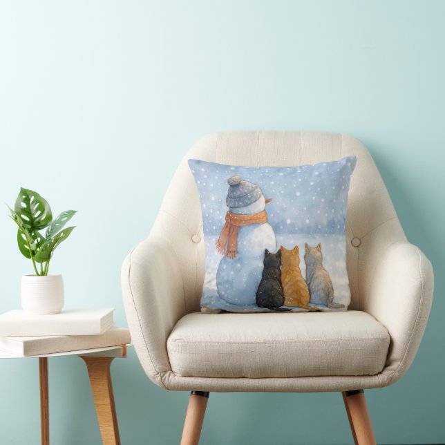 Coussin Bonhommes de neige et chats dans un champ enneigé (Chaise)