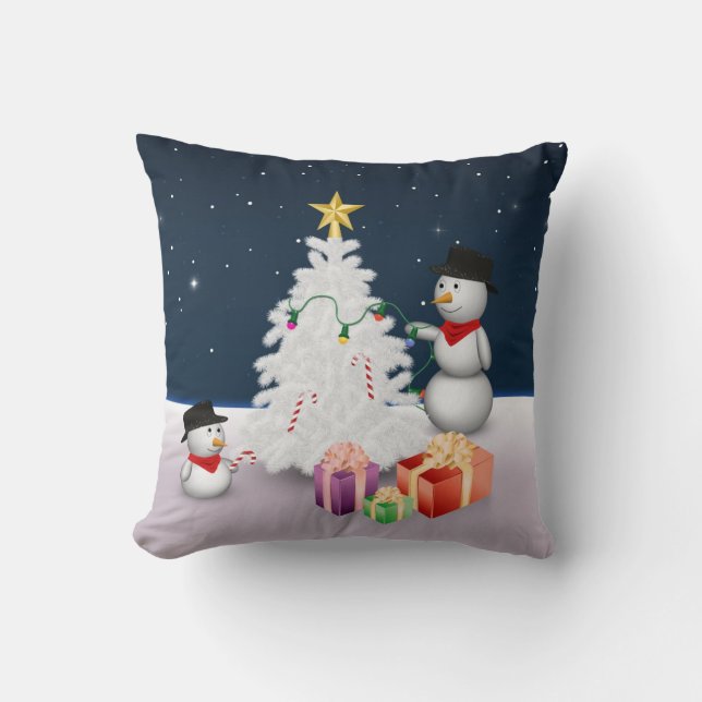 Coussin Bonhommes de neige mignons avec sapin de Noël (Recto)