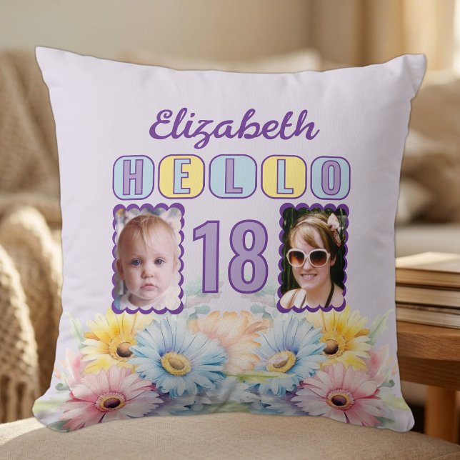 Coussin Bonjour 18 nom 2 photos fleurs de gerbera violette (Créateur téléchargé)