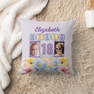 Coussin Bonjour 18 nom 2 photos gerbera fleurs violet