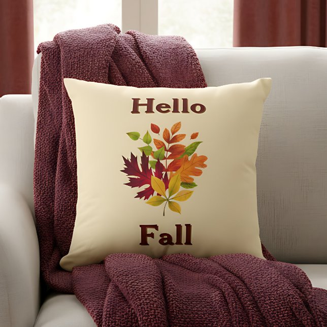 Coussin Bonjour Automne - Accent de Maison Rustique Fermiè (“Hello Fall” pillow with colorful leaves and blanket creates a cozy autumn vibe.)