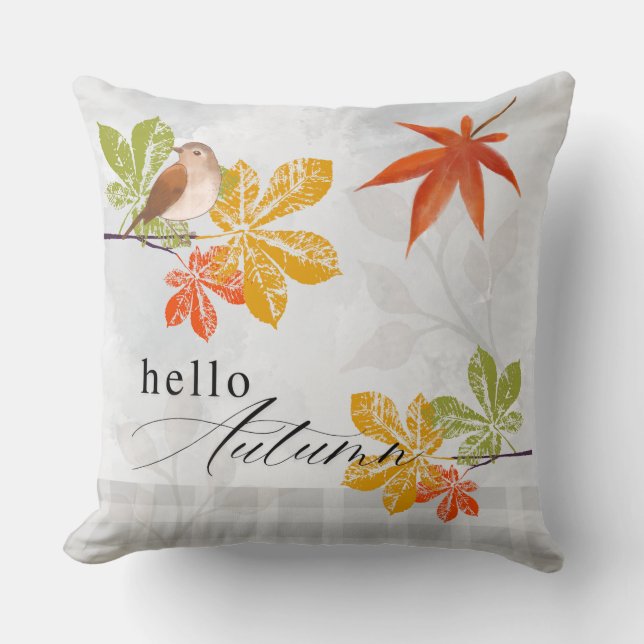 Coussin Bonjour automne avec les feuilles d'oiseaux et d'a (Recto)