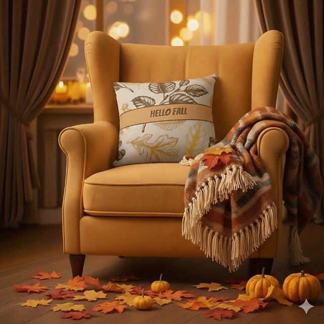 Coussin Bonjour Automne Brown Orange Feuilles - Ferme Auto (Rustic fall décor pillow featuring bold autumn leaves for farmhouse charm.)