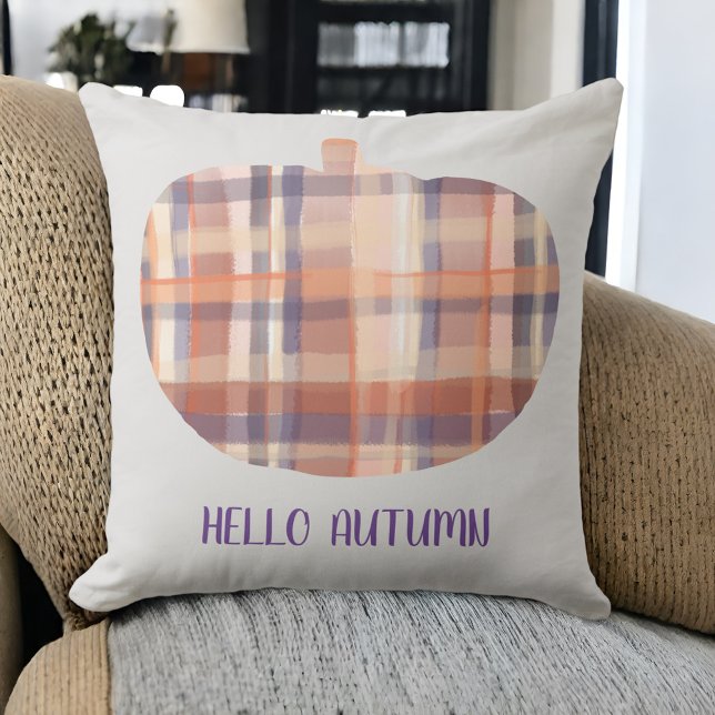 Coussin Bonjour automne citrouille tartan aquarelle gris o (Créateur téléchargé)