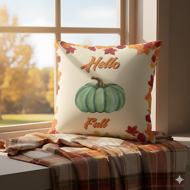 Coussin Bonjour Automne - Décoration de citrouille verte d (Hello Fall pillow with colorful leaves - perfect rustic accent for autumn home)