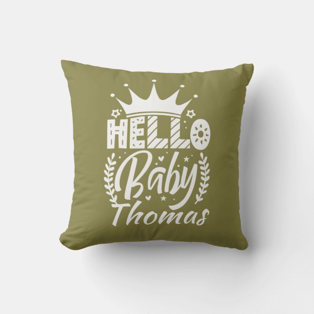 Coussin Bonjour bébé avec Couronne & Nom Olive Green (Recto)