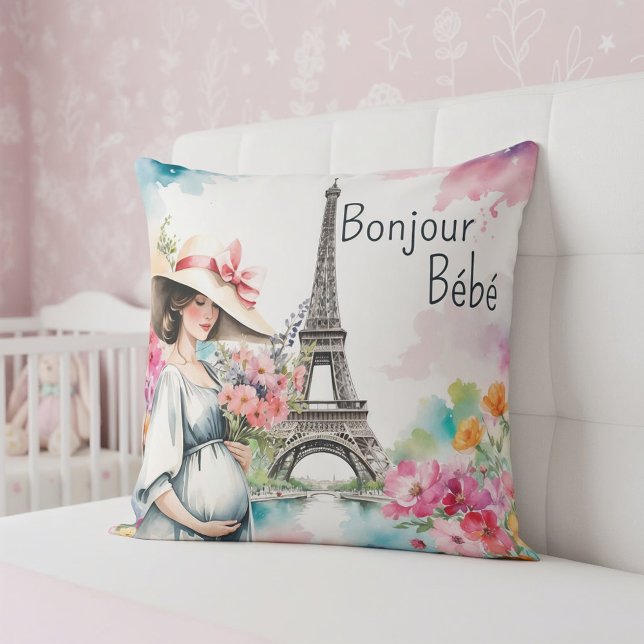 Coussin Bonjour Bebe Floral Tour Eiffel Baby shower Paris (Créateur téléchargé)