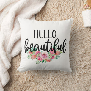Coussin Bonjour belle aquarelle Rose Typographie chic