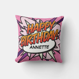 Coussin BONJOUR D'ANNIVERSAIRE Fun Retro Comic Book Pop Ar