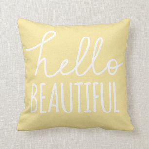 Coussin Bonjour jaune Girly lunatique de belle typographie