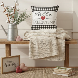Coussin Bonjour Saint-Valentin à carreaux Gingham noir et