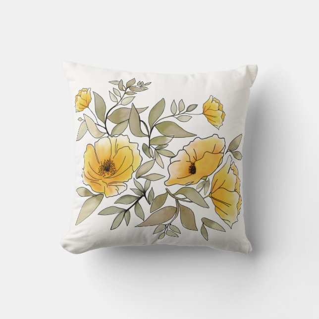 Coussin Bonjour, Sunshine ! Aquarelle Poppies jaunes (Recto)