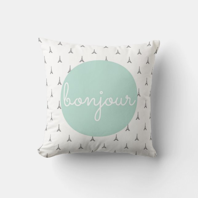 Coussin Bonjour Tour Eiffel imprimé en gris (Recto)