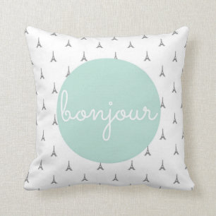 Coussin Bonjour Tour Eiffel imprimé en gris