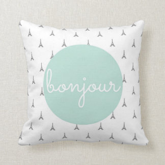 Coussin Bonjour Tour Eiffel imprimé en gris