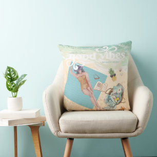 Coussin Bonne ambiance   Aquarelle tendance été plage rétr
