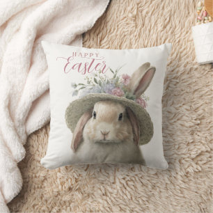 Coussin Bonne Pâques Aquarelle mignonne Lapin Floral Lapin