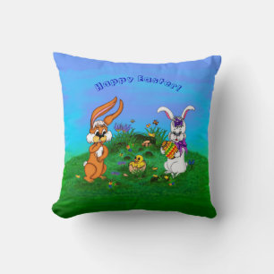 Coussin Bonne Pâques ! Lapin avec lapin et poussin
