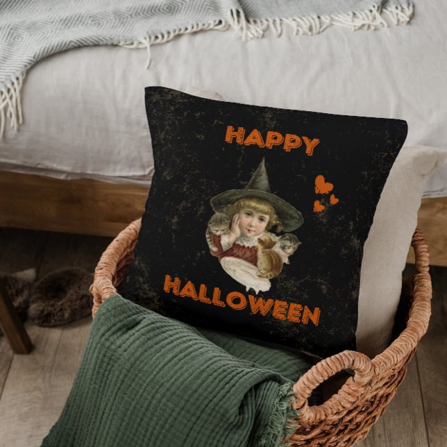 Coussin Bonne sorcière vintage Halloween avec chatons (Créateur téléchargé)