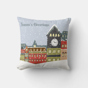 Coussin Bonnes Fêtes Ville Vintage scène de neige