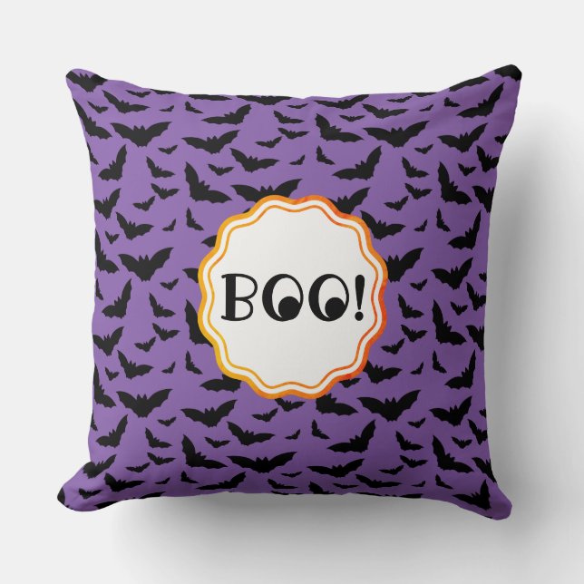 Coussin BOO ! Bats volants violets/noirs d'Halloween amusa (Recto)