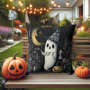 Coussin Boo Halloween Fantôme Nuit Noire Demi Lune Jack Fu