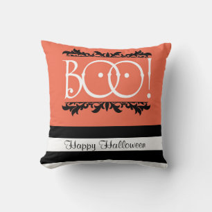 Coussin Boo ! Halloween orange et noir blanc rayé chic