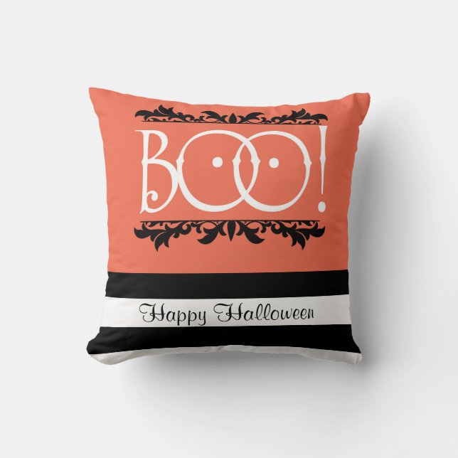 Coussin Boo ! Halloween orange et noir rayé de blanc chic (Recto)