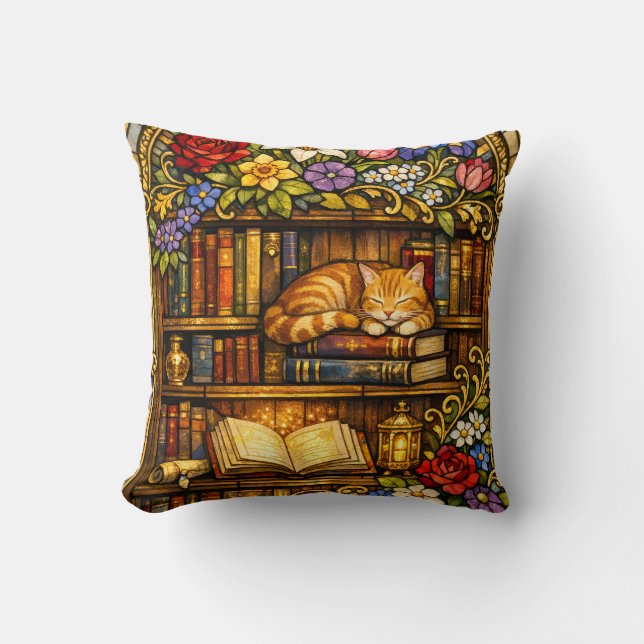 Coussin Book and Sleeping Cat Lovers Faux Stain Glass (Recto)