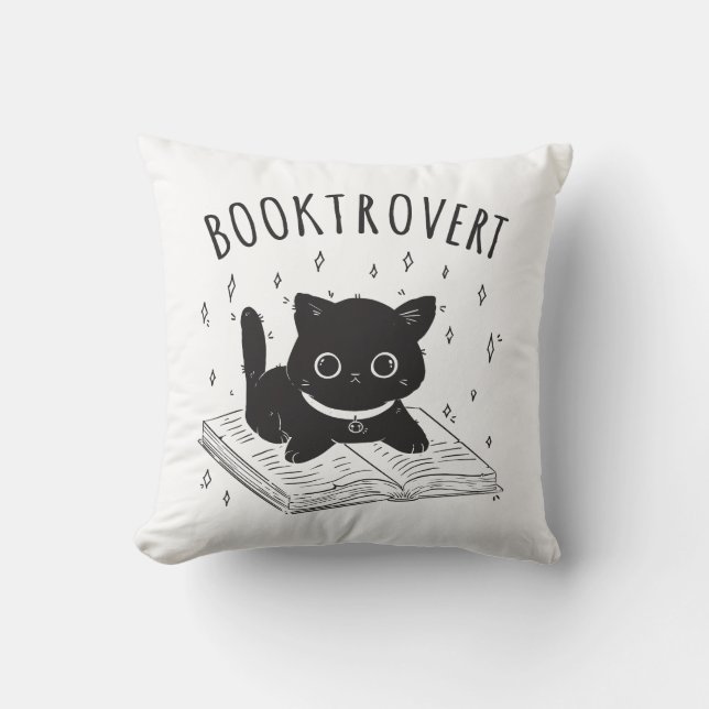 Coussin Booktrovert chat avec livre et étoiles (Recto)