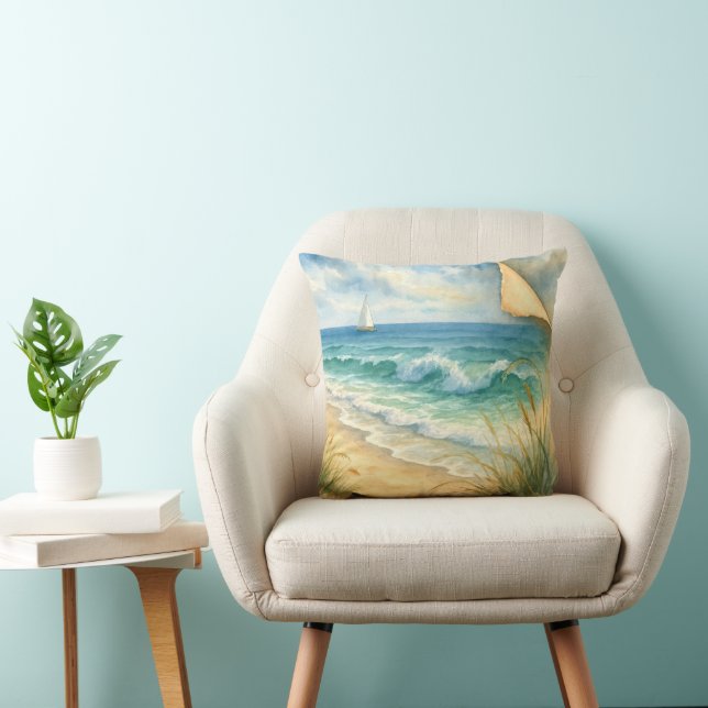 Coussin Bord de mer et voilier à l'aquarelle (Chaise)