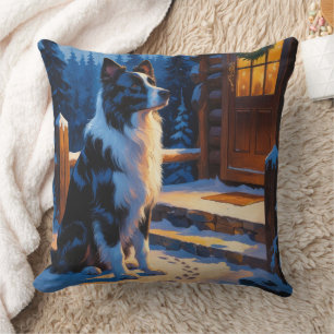 Coussin Border Collie avec lumières de Noël pour les Fêtes