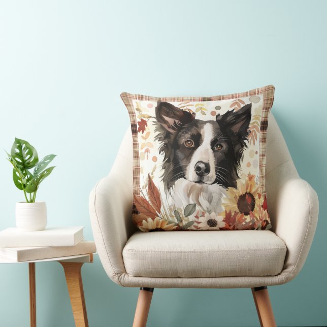 Coussin Border Collie Chien Automne Aquarelle Fleurs (Chaise)
