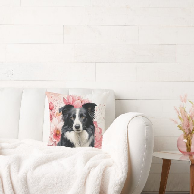Coussin Border Collie et lis roses audacieux (Canapé)