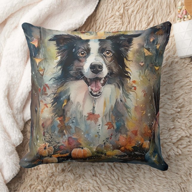 Coussin Border Collie Halloween avec citrouilles effrayant (Couverture)