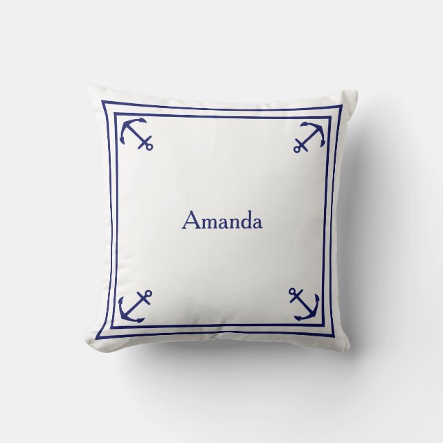 Coussin Bordure Ancre bleue de la Marine sur blanc (Recto)