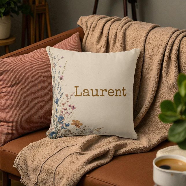 Coussin Bordure beige Fleur sauvage Boho rustique (Beige Border Rustic Boho Wildflower Throw Pillow)