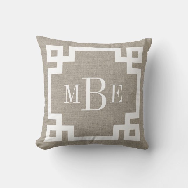 Coussin Bordure clé grecque beige rustique Monogramme (Recto)