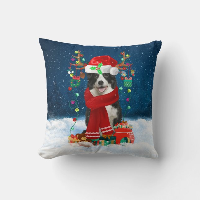 Coussin Bordure Collie chien avec cadeaux de Noël (Recto)