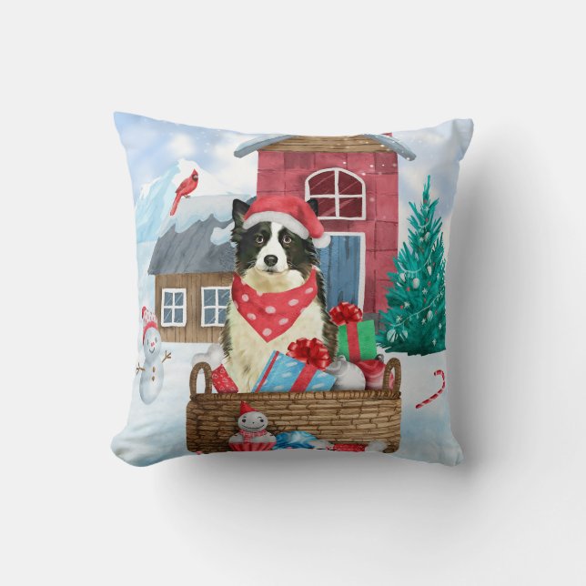 Coussin Bordure Collie Chien dans la neige Maison de Chien (Recto)
