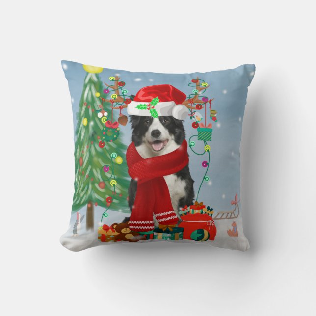 Coussin Bordure Collie chien dans Neige avec cadeaux de No (Recto)