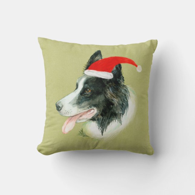 Coussin Bordure Collie Chien de Noël Santa Hat (Recto)