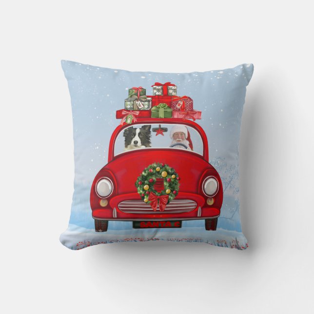 Coussin Bordure Collie Chien En Voiture Avec Le Père Noël (Recto)