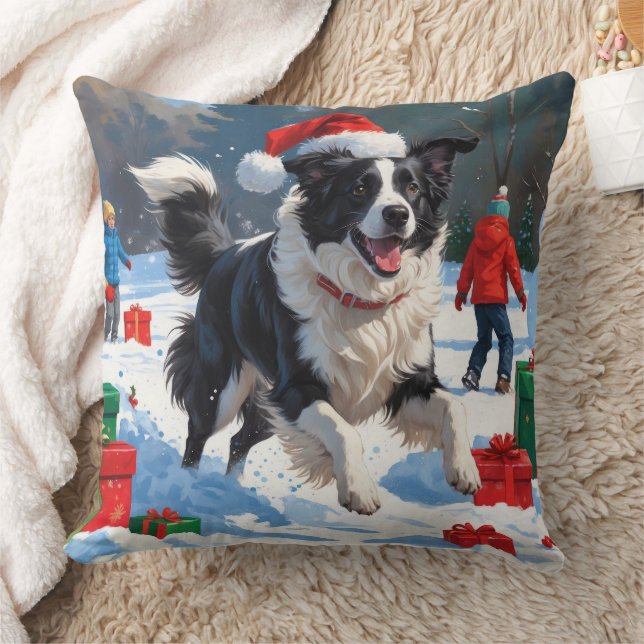 Coussin Bordure Collie Noël Festive Scène de neige (Couverture)