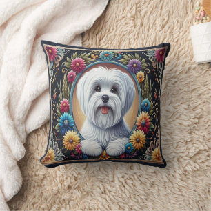 Coussin Bordure colorée et fleurie de chien maltais élégan