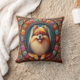 Coussin Bordure colorée florale de chien de Poméranie élég